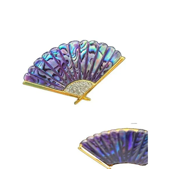 Butler Signed Rare Purple Abalone Shell Fan Brooch and Clip Earring Set Vintage - Picture 2 of 7